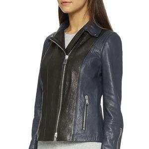 VINCE black and navy leather moto jacket